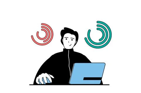 Data analysis concept with people scene in flat web design. Man working wit.. Stock Illustration