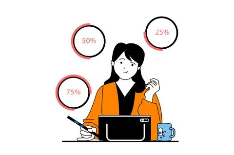 Data analysis concept with people scene in flat web design. Woman working w.. Stock Illustration