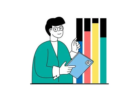 Data analysis concept with people scene in flat web design. Man makes finan.. Stock Illustration
