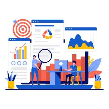 Data analysis concept with tiny character. Teamwork of business analysts ch.. Stock Illustration
