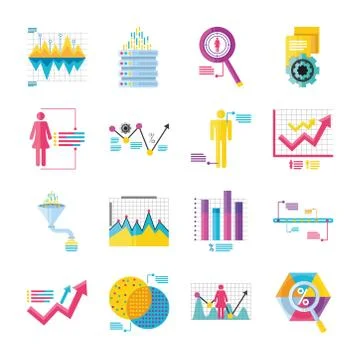 Data analysis, contains such icons as charts, graphs, magnifier detailed 스톡 일러스트