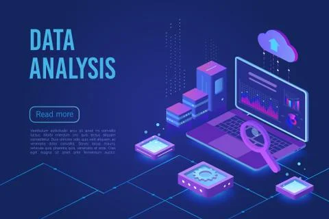 Data analysis dark neon light isometric web banner vector template Stock Illustration