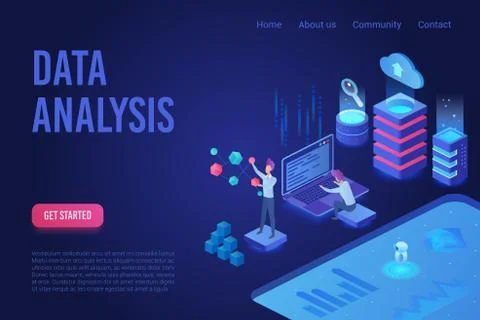 Data analysis dark neon light isometric web banner vector template Illustrazione stock