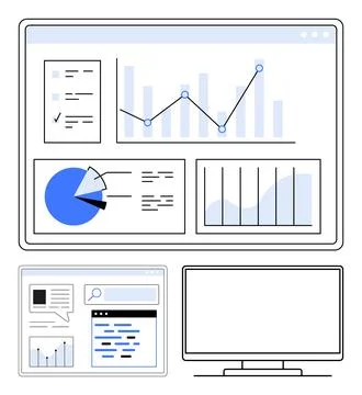 Data Analysis Dashboard with Graphs and Charts on Computer Monitors for Business Stock Illustration