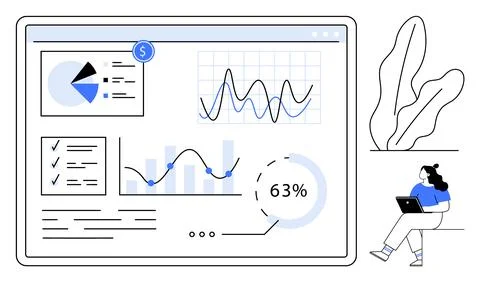 Data analysis dashboard with pie chart, line graphs, checklists, and percenta Illustrazione stock
