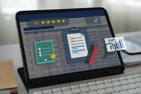Data analysis dashboard on tablet with checklist, rating stars, and chart i.. Stock Photos