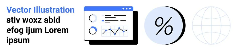 Data analysis dashboard on a tablet screen, percentage symbol, and a globe ou Stock Illustration