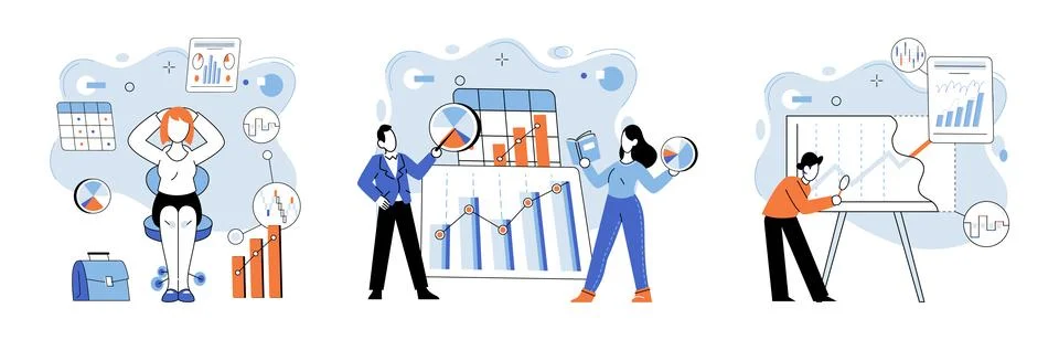 Data analysis. Data analysis reports provide comprehensive overview key insights Illustrazione stock
