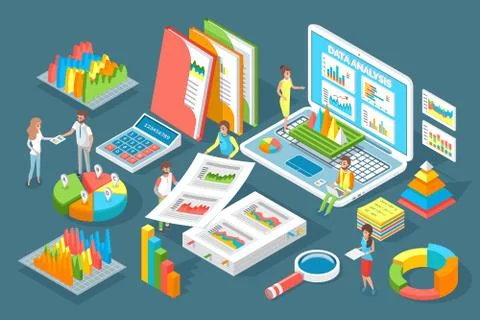 Data Analysis Desktop Cartoon People and Gadgets Illustrazione stock
