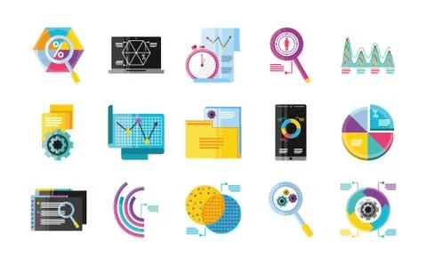 Data analysis, different chart diagram business financial development icons Stock Illustration