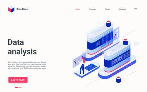 Data analysis digital tech platform concept isometric landing page, analyzing Stock Illustration