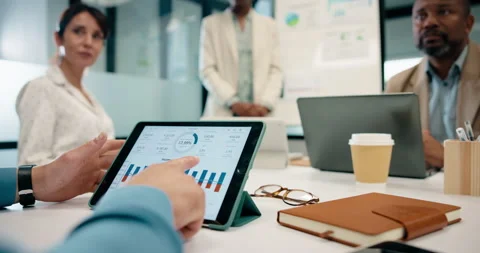 Data analysis, discussion and hands with tablet screen in office, presentation Stock Footage 335457514