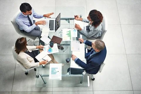 Data analysis, diversity or business people with tech in meeting for advertising Stock Photos