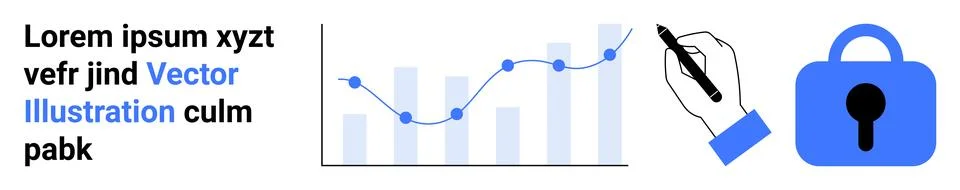 Data Analysis, Document Signing, and Security Lock Icon with Mock Text Stock Illustration