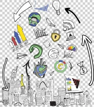 Data analysis doodles over cityscape Stock Illustration