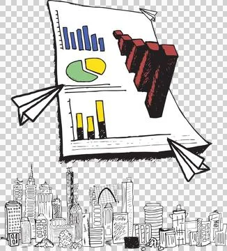 Data analysis doodles over cityscape Stock Illustration