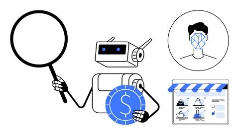 Data analysis, e-commerce, facial recognition, AI in retail, technology secur Stock Illustration