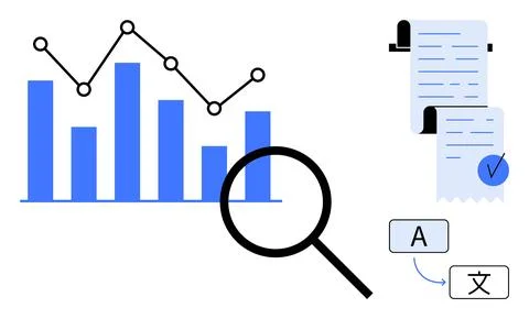 Data analysis elements with bar graphs and a line chart, a magnifying glass o Stock Illustration
