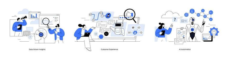 Data Analysis, Enhancing Customer Experience, and AI Automation Vector Illu.. Illustrazione stock