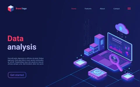 Data analysis, financial analytics isometric landing page, analyst trader Illustrazione stock
