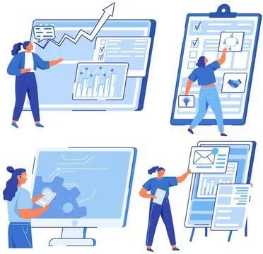 Data analysis, financial research with digital and paper document. People 스톡 일러스트