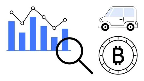 Data Analysis with Graph, Cryptocurrency, Magnifying Glass, and Car Elements Stockillustratie