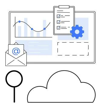 Data analysis graph on screen with checklist, envelope with symbol, settings  イラスト素材