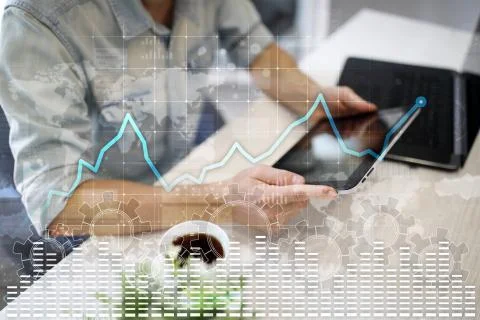 Data analysis graph on virtual screen. Business finance and technology concept. Fotos Stock