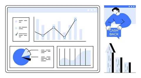 Data Analysis with Graphs and Charts on a Dashboard Screen for Financial In.. Stock Illustration