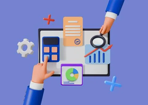 Data analysis icons. 3D business audit. Finance strategy or research report Illustrazione stock