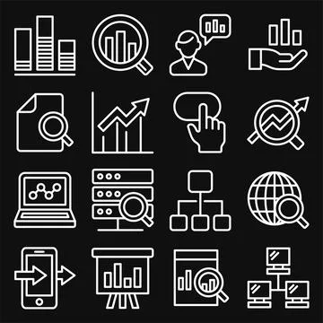 Data Analysis Icons Set on Black Background. Line Style Vector Illustrazione stock