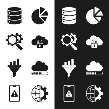 Data analysis icons set: database, pie chart, gear with magnifying glass, c.. Stock Illustration