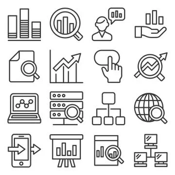 Data Analysis Icons Set on White Background. Line Style Vector Stock Illustration