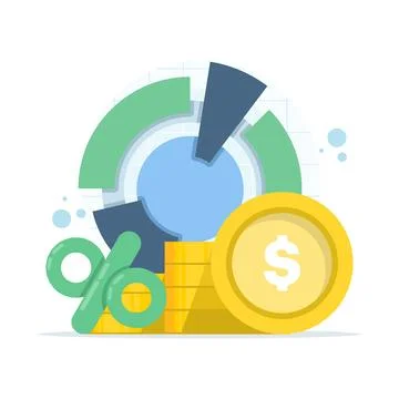 Data analysis illustration with pie chart, coins, and percent signs. 스톡 일러스트