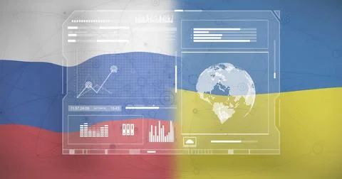 Data analysis image over Russian and Ukrainian flags background Illustrazione stock
