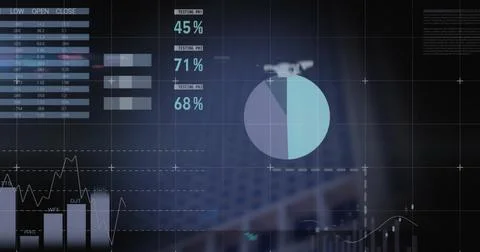 Data analysis image over world map and pie charts with percentages 스톡 일러스트