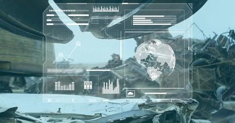 Data analysis image over wrecked vehicles in junkyard Illustrazione stock