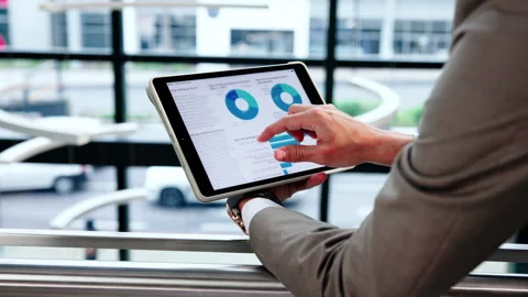 Data analysis, info and hands with tablet screen in office, performance review Stock Footage 346869474