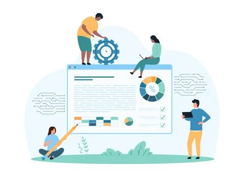 Data analysis, integrated AI analytics, tiny people analyze statistics diagram Stock Illustration