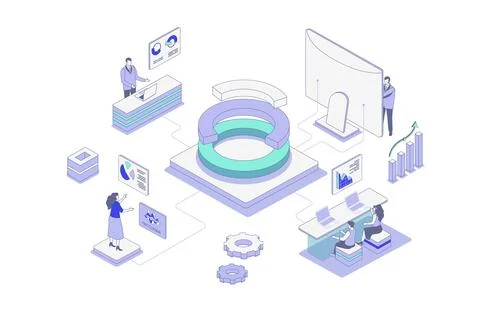Data analysis isometric concept in outline isometry design for web. People .. Illustrazione stock
