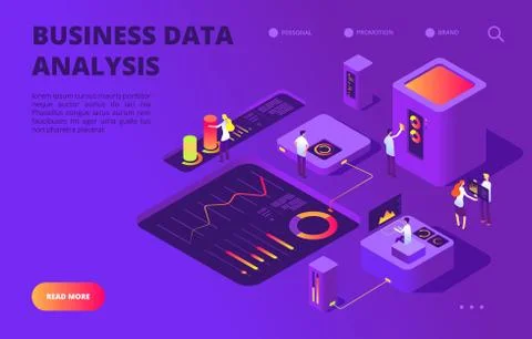 Data analysis isometric concept. People work on infographic chart, dashboard Stock Illustration