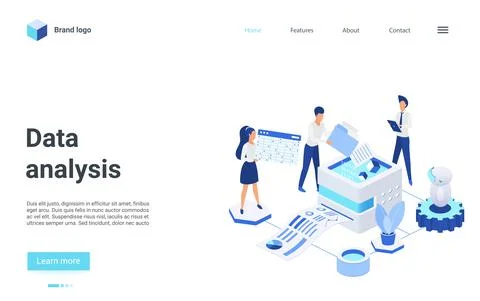 Data analysis isometric landing page, 3d analysts working on financial Stock Illustration