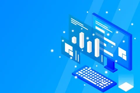 Data analysis in isometric vector design. Technician in datacenter or data ce Stock Illustration