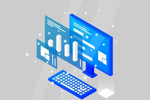 Data analysis in isometric vector design. Technician in datacenter or data ce Stock Illustration