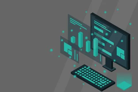 Data analysis in isometric vector design. Technician in datacenter or data ce Stock Illustration