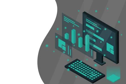 Data analysis in isometric vector design. Technician in datacenter or data ce Stock Illustration