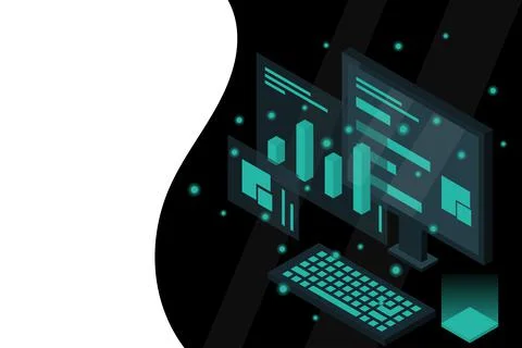 Data analysis in isometric vector design. Technician in datacenter or data ce Stock Illustration