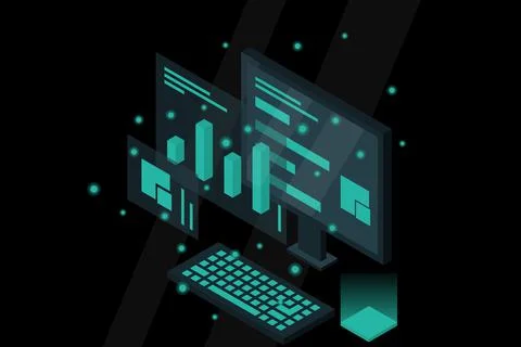 Data analysis in isometric vector design. Technician in datacenter or data ce Stock Illustration