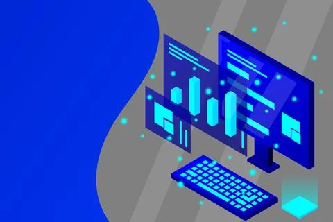 Data analysis in isometric vector design. Technician in datacenter or data ce Stock Illustration