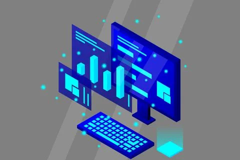 Data analysis in isometric vector design. Technician in datacenter or data ce Stock Illustration